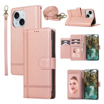 Dteck for iPhone 15 Plus Case with Shoulder/Wrist Strap,Magnetic Leather Case Card Slots Wallet with Mirror Shockproof TPU Kickstand Cover for iPhone 15 Plus,Rosegold