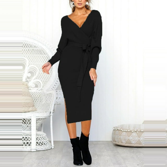 FcBaudy Robe à Manches Longues à Col en V, Robes d'Été pour Femmes, Robes pour Femmes Mode Féminine Robe Tricotée à Manches Longues à Col en V Portefeuille Moulant Robe Chandail Chaude Robe Femme