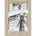 thumbnail image 3 of Landscape Duvet Cover Set Queen Size, Hand Drawn Rural Scenery Small Town Farm Houses Forest and Mill Romantic Sketch, Decorative 3 Piece Bedding Set with 2 Pillow Shams, Black White, by Ambesonne, 3 of 3