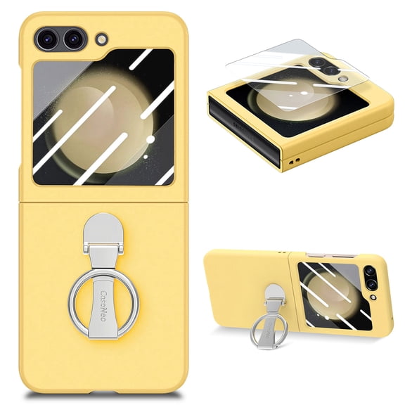 Ring Holder Case Compatible with Samsung Galaxy Z Flip 6 Case, Slim Thin Solid Sturdy Hard PC All-Inclusive Anti-Drop Built-in Screen Protector Case for Samsung Galaxy Z Filp 5 5G 2023, Yellow