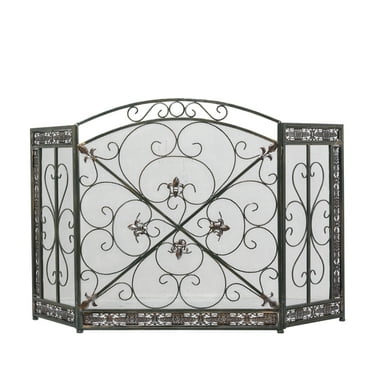 DecMode 52" x 31" Black Metal Foldable Mesh Netting 3 Panel Fireplace Screen with Fleur De Lis and Scrollwork Designs, 1-Piece