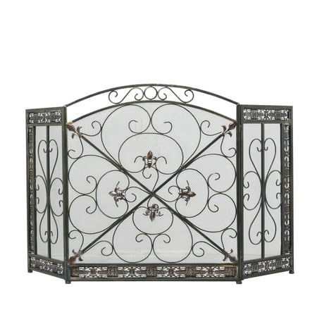 

DecMode 52 x 31 Black Metal Foldable Mesh Netting 3 Panel Fireplace Screen with Fleur De Lis and Scrollwork Designs 1-Piece