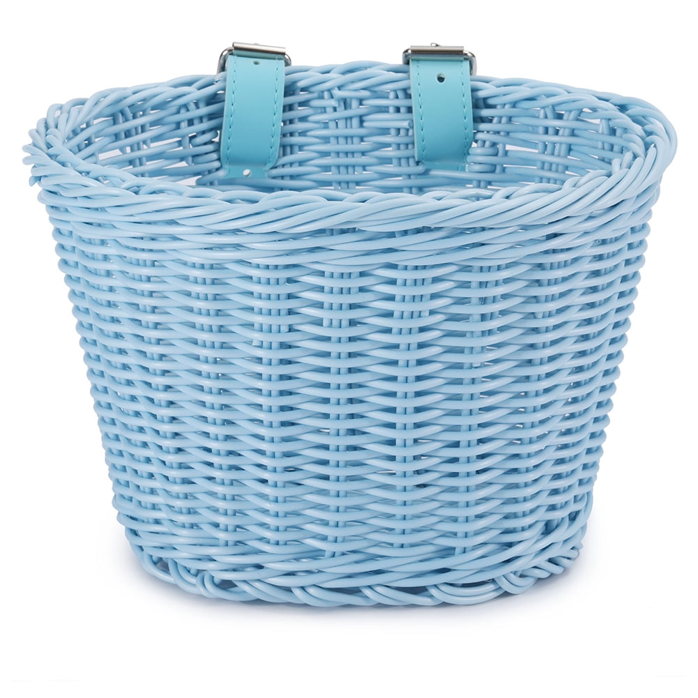 4pc Set Bicycle Basket Rattan Wicker Make Bike Basket with Bell Tassel Streamers Kid Adult Handlebar Carrier Storage Bag Pannier Sky Blue 1PCS