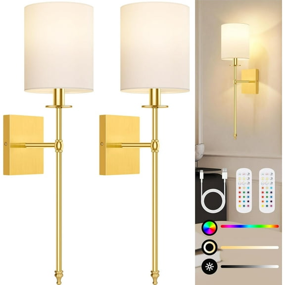 Nordic Hygge 27 Inch Wall Sconces Battery Operated Set of 2, Rechargeable Wireless Wall Sconces Lights with Remote, 2 Bulbs Included
