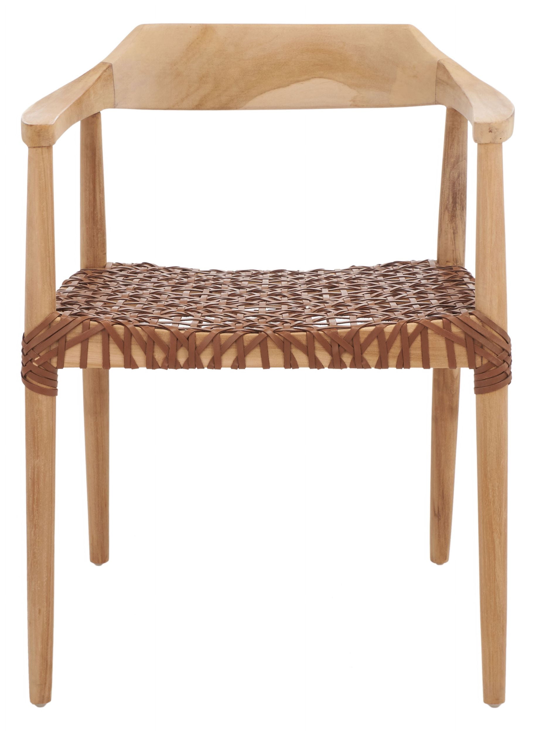 SAFAVIEH Munro Leather Woven Accent Chairs, Unfinished Natural (Teak Wood Frame)/Leather Seat, Green (22 in. W x 20.5 in. D x 28.5 in. H)