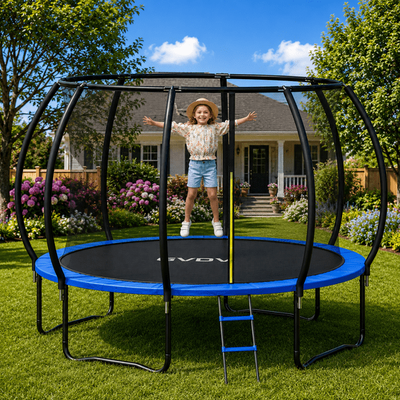 GVDV 10FT Outdoor Trampoline, Backyard Recreational Pumpkin Trampoline with Enclosure for Kids