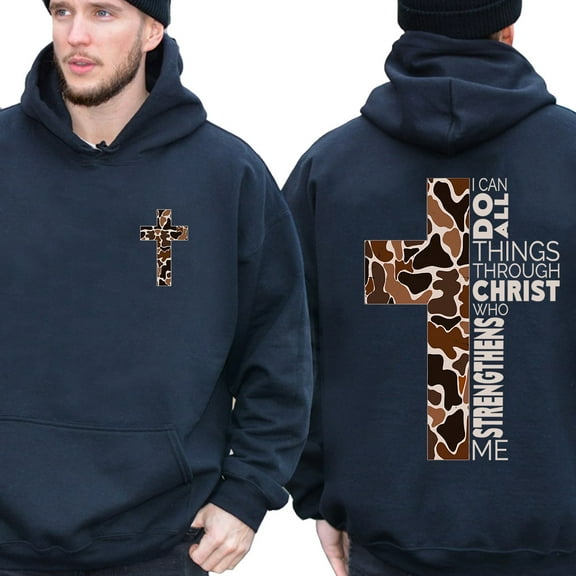 Christian Hoodie – Double Sided Camo Cross Design with Philippians 4:13 Bible Verse, Faith Based Hoodie for Believers and Outdoorsmen