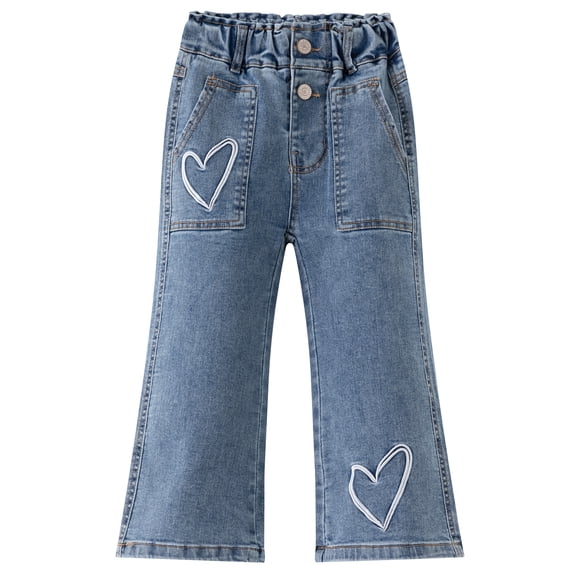 KIDSCOOL SPACE Toddler Girls Wide Leg Jeans, 2-7 T Heart Embroidery Elastic Waist Flare Denim Pants, Light Blue,3-4 Years