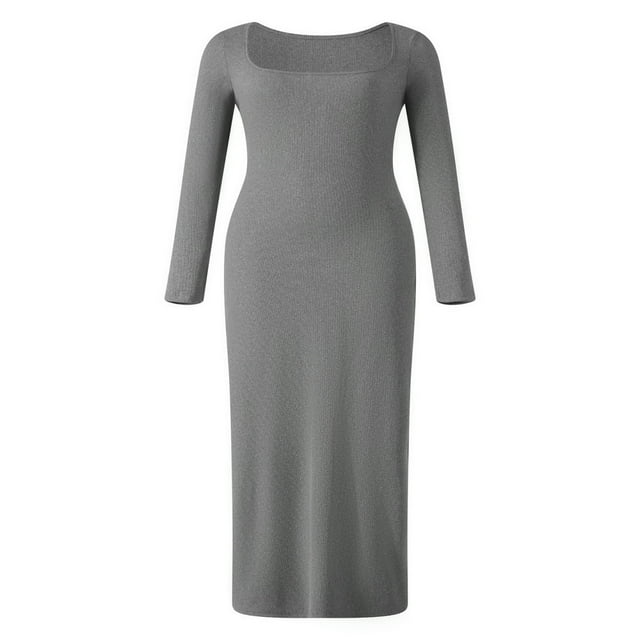 Women Long Bodycon Dress Solid Color Knitted Ribbed Square Neck Long Sleeve Dress Spring Fall Party Club Skinny Dress