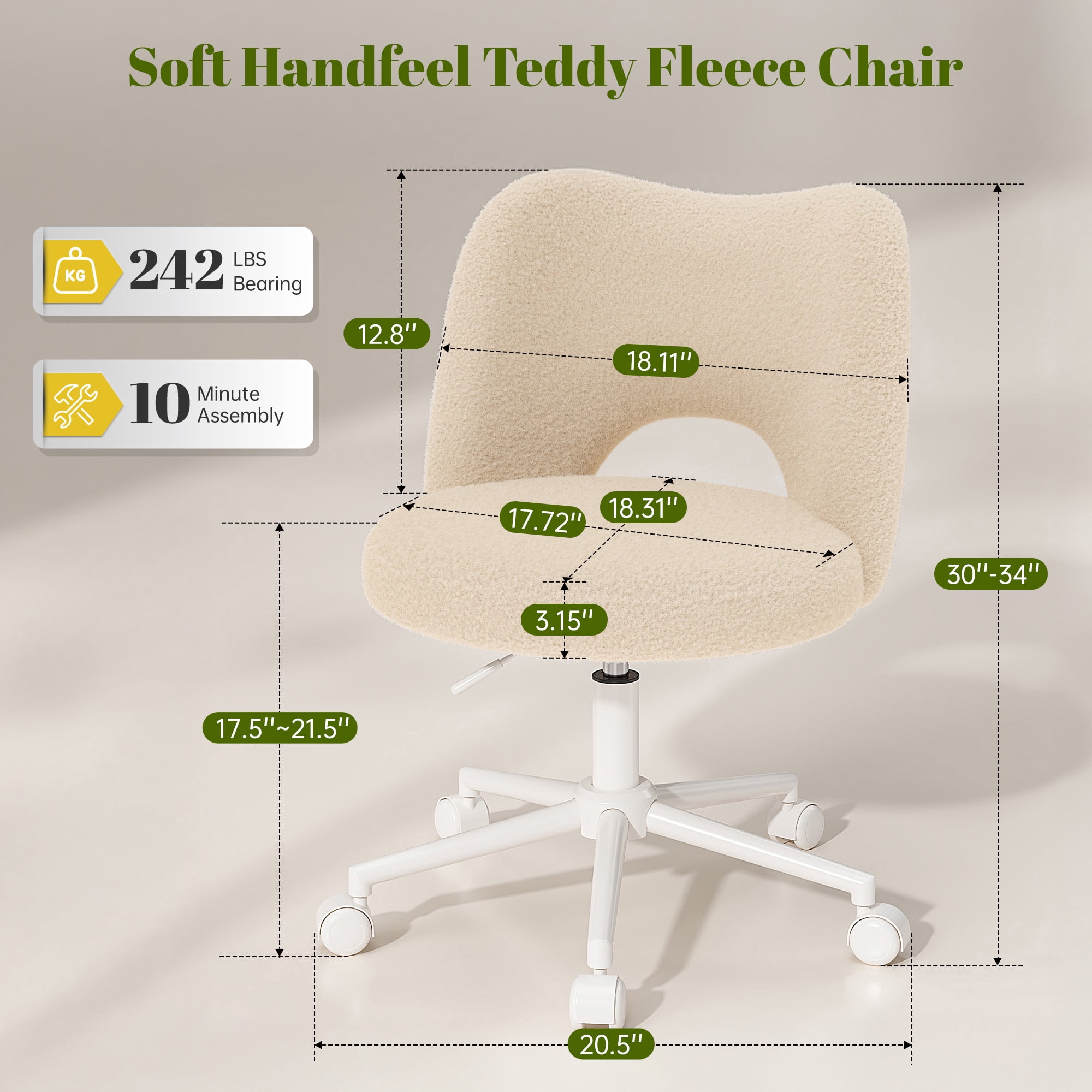 Romorgniz Adjustable Vanity Chair with Backrest Teddy Velvet Swivel Desk Chair with Wheels, Space-Saving Makeup Computer Chair, Off-White