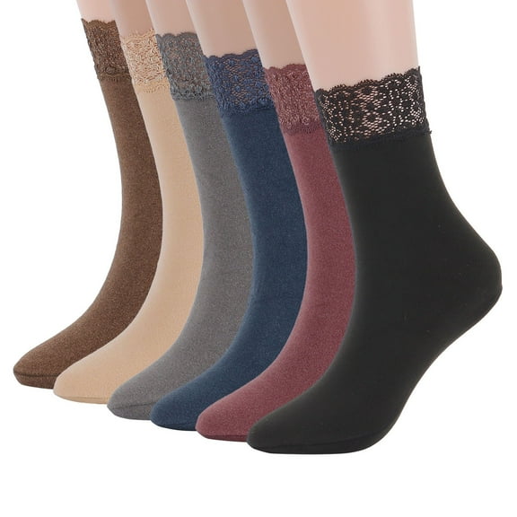 Gustave 6 Pairs Women Lace Trim Warm Socks Casual Cotton Crew Socks Vintage Stretchy Dress Boot Socks for Winter Fall, Multicolor