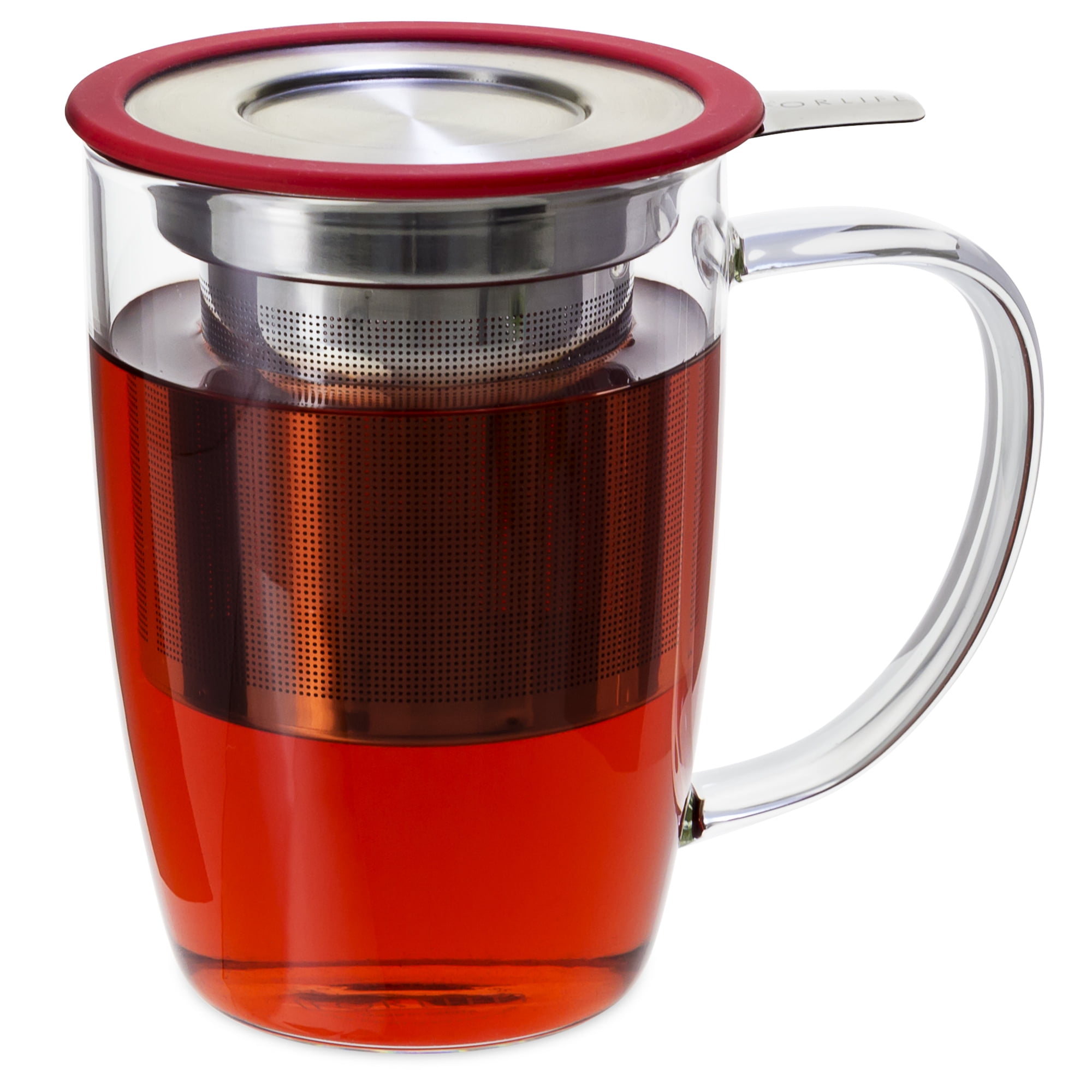 For Life NewLeaf Glass 16 Ounce Tea Mug with Infuser and Red Lid