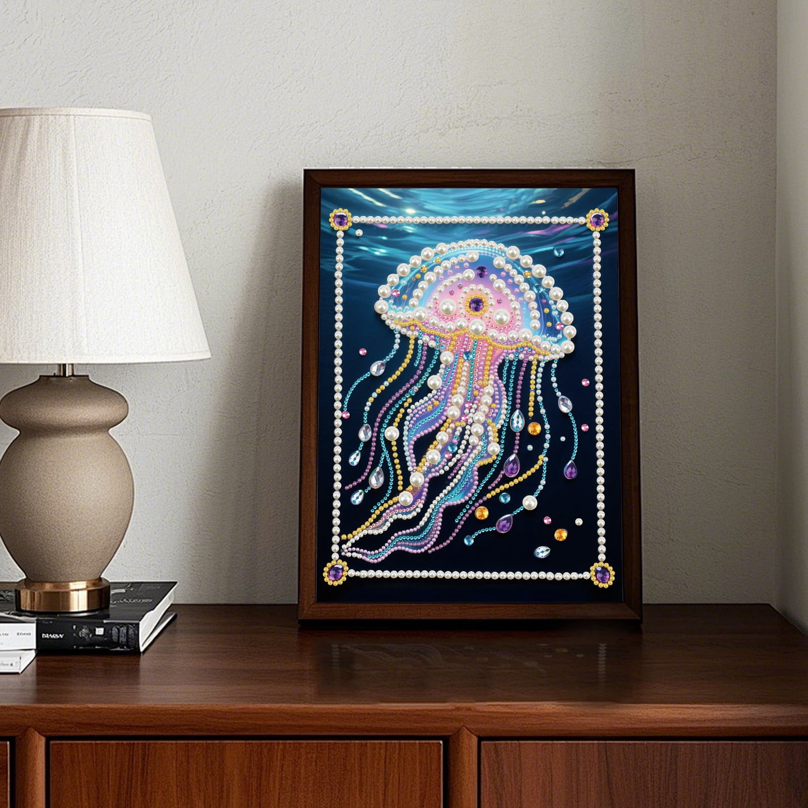 FLOPESN DIY Gemstone Pearl Painting Kit - 9.84x13.78 Inch Frameless Colourful Canvas Art for Adults, Stress Relief Craft & Home Wall Decor-Jellyfish-1