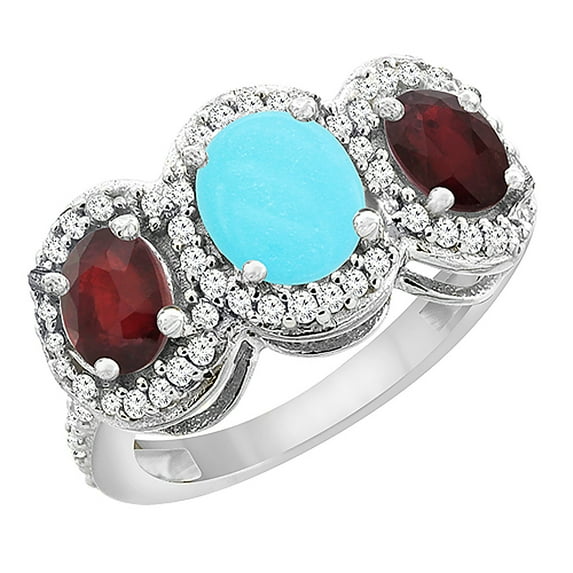 10K White Gold Natural Turquoise & Enhanced Ruby Sides 3-Stone Ring Oval Diamond Accent, size 9.5