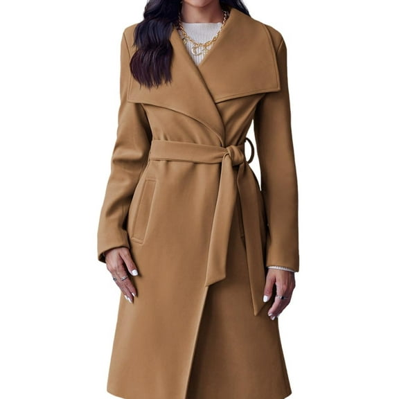 Women's Lapel Pea Trench Coat Long Jacket Open Front Belted Overcoat with Belt