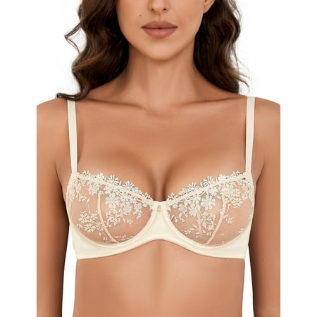 Wingslove Women s Sexy Lace Sheer Bra Demi Mesh Balconette See Through Unlined Underwire with Silicone Nipple  Nude 34DD