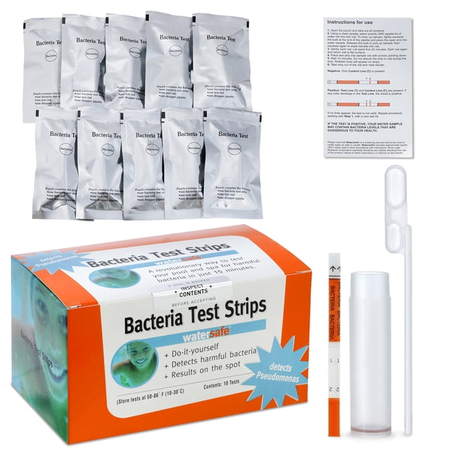 The Original Watersafe Rapid Bacteria 10 Test Kit, a 2-pack set designed to detect coliform and non-coliform bacteria, including E. coli and Salmonella, in water within minutes. The kit includes ten individually-pouched rapid test strips, a test tube, a dropper, and easy-to-follow instructions. Packaged in an orange and white box, this kit is ideal for ensuring clean and safe water in pools, spas, and ponds.