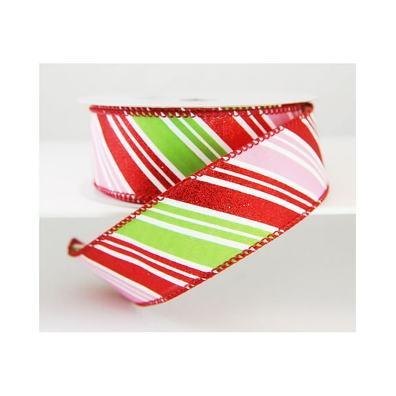 Wire Edged Seko Candy Cane Pink, Red and Lime Green Striped Christmas Ribbon 1 1/2" - 10 Yards