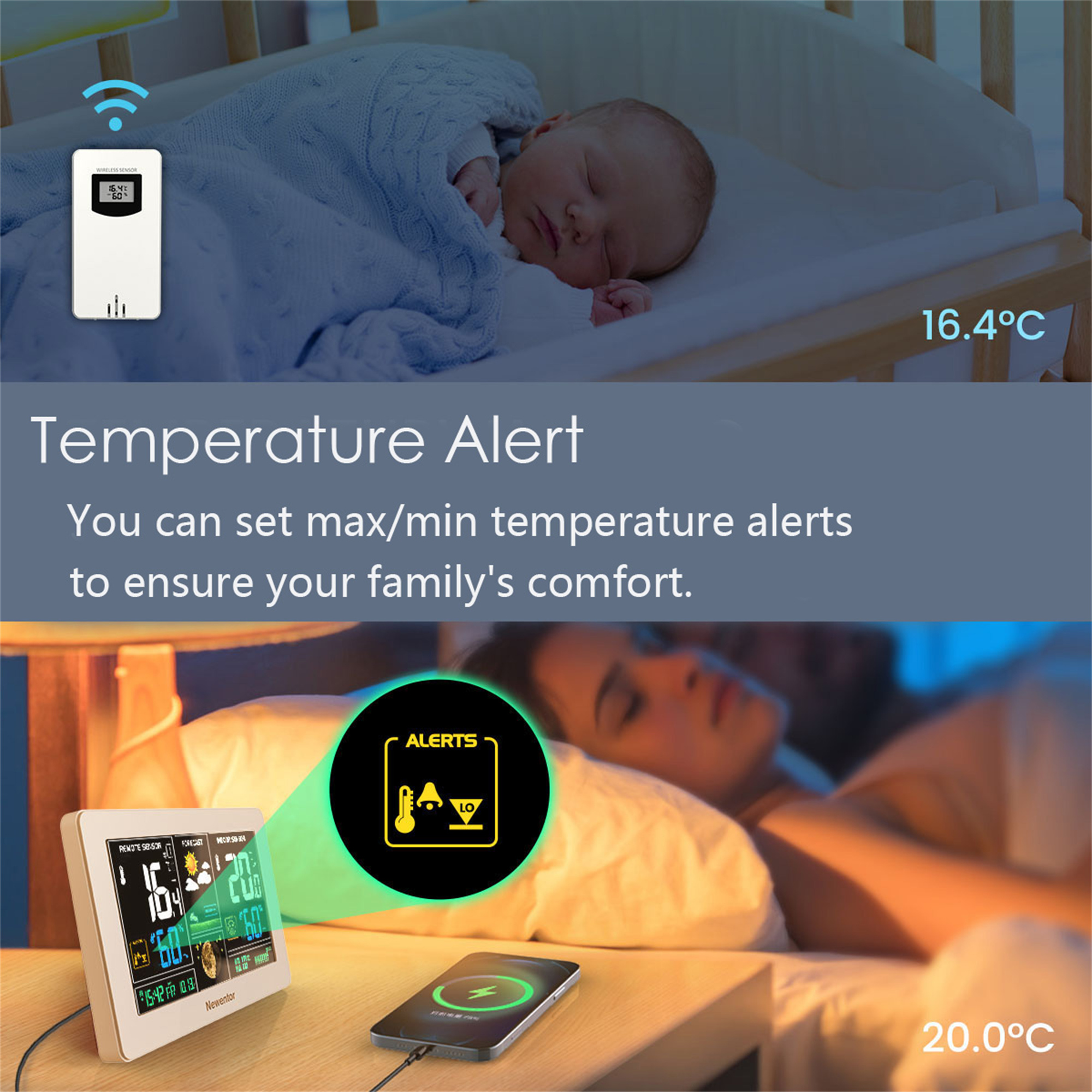 Newentor 7.5" Color Display Weather Station for Home with 3 Outdoor Sensor, Indoor Outdoor Thermometer with Humidity Monitor, WWVB, Alarm Clock, Moon Phase, Weather Forecast, White