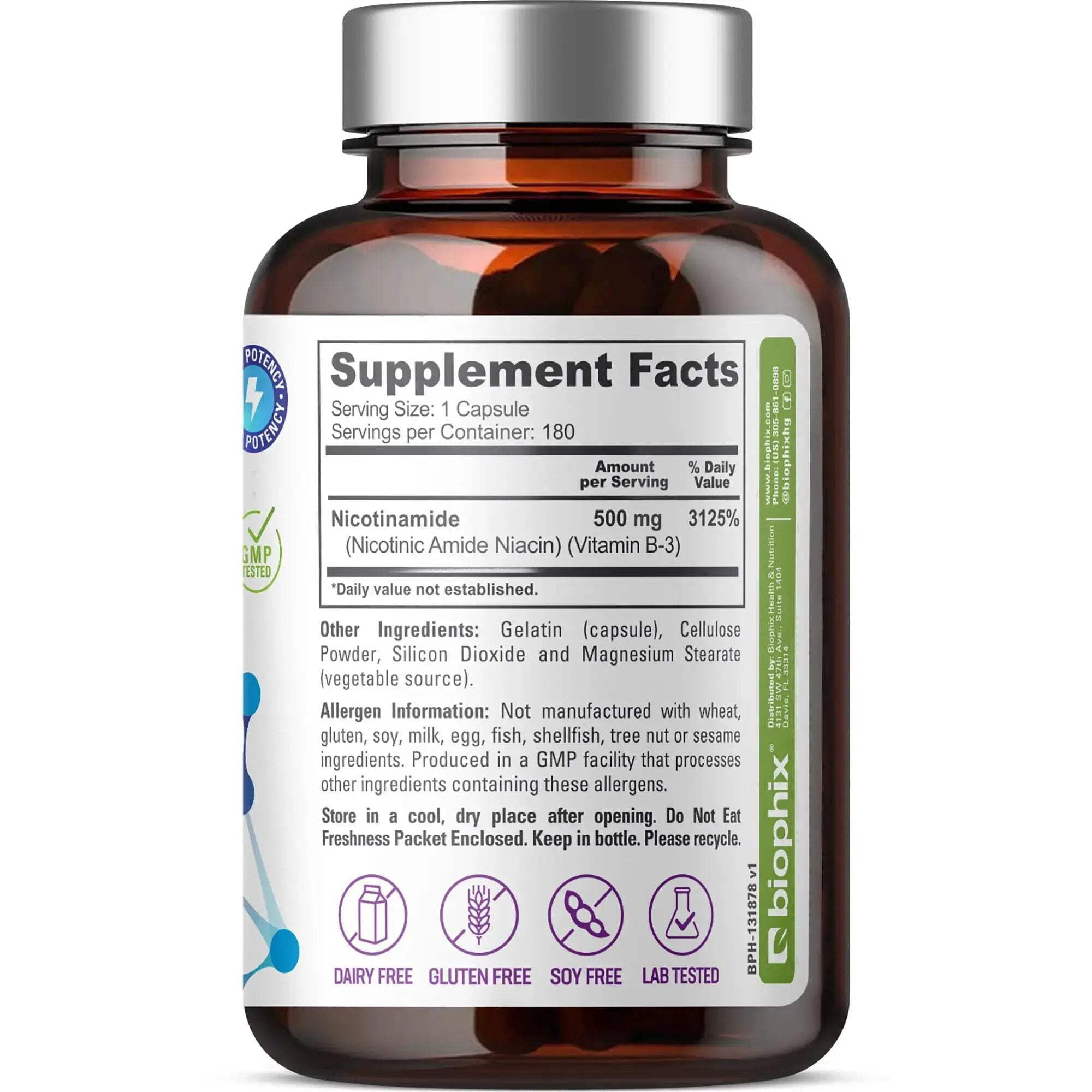 Biophix B‑3 Nicotinamide 500mg Vitamin B3 Capsules Supporting Skin