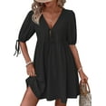 thumbnail image 2 of Womens Summer Casual Short Sleeve Dresses A Line Bow-Knot Tie Front Babydoll Loose Cute Mini Dress Black M, 2 of 10