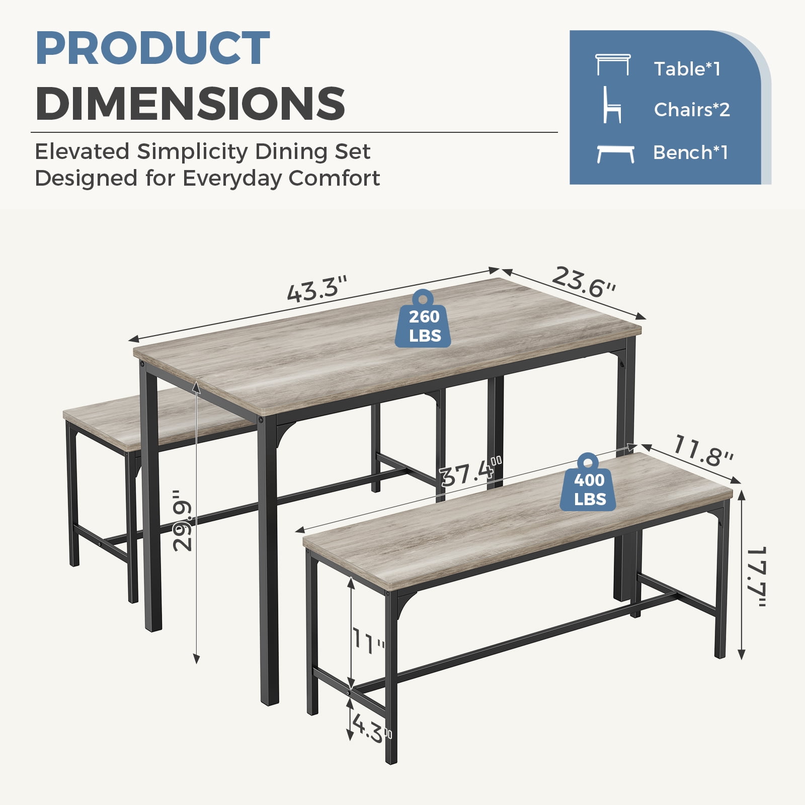 CONCETTA 3-Piece Dining Table Set with 1 Table,2 benches,Space-Saving Small Dining Set for 2–4 People for Apartment, Daily Meals & Bistro, Gray
