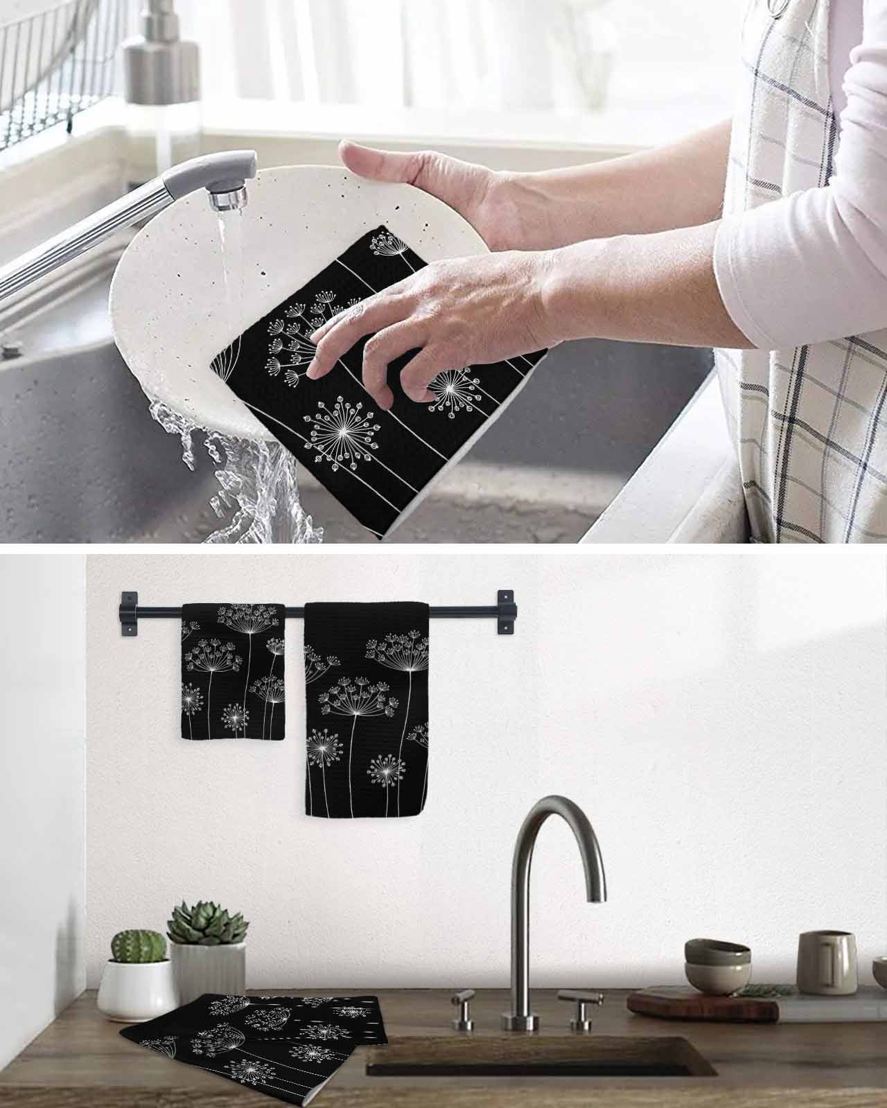 Black Dandelion Kitchen Dish Towels for Drying Dishes Set of 2, Spring Modern Minimalist Country Flower Waffle Weave Microfiber Hand Tea Bathroom Towels Quick Dry & Absorbent Towel 15.7x23.6