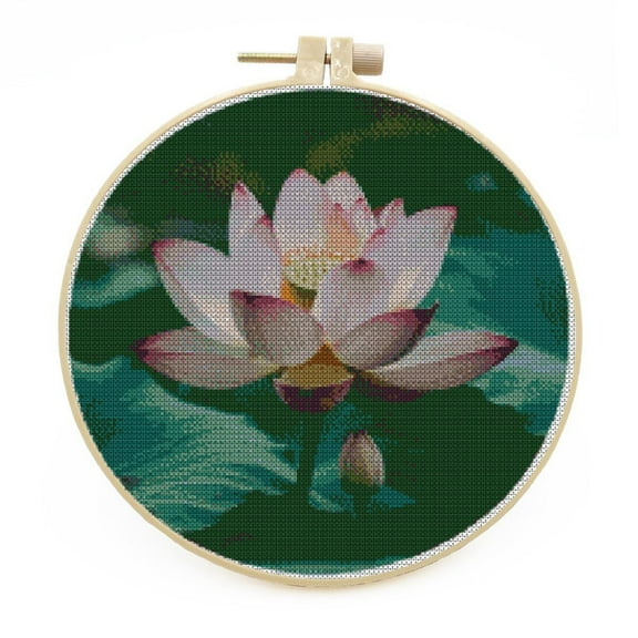 DIY Stamped Cross Stitch Kits with Hoop for Beginners Lotus Easy 11CT Needlepoint Embroidery Counted Cross Stitch Kits Art Craft Wall Decoration and Gift 33x33cm