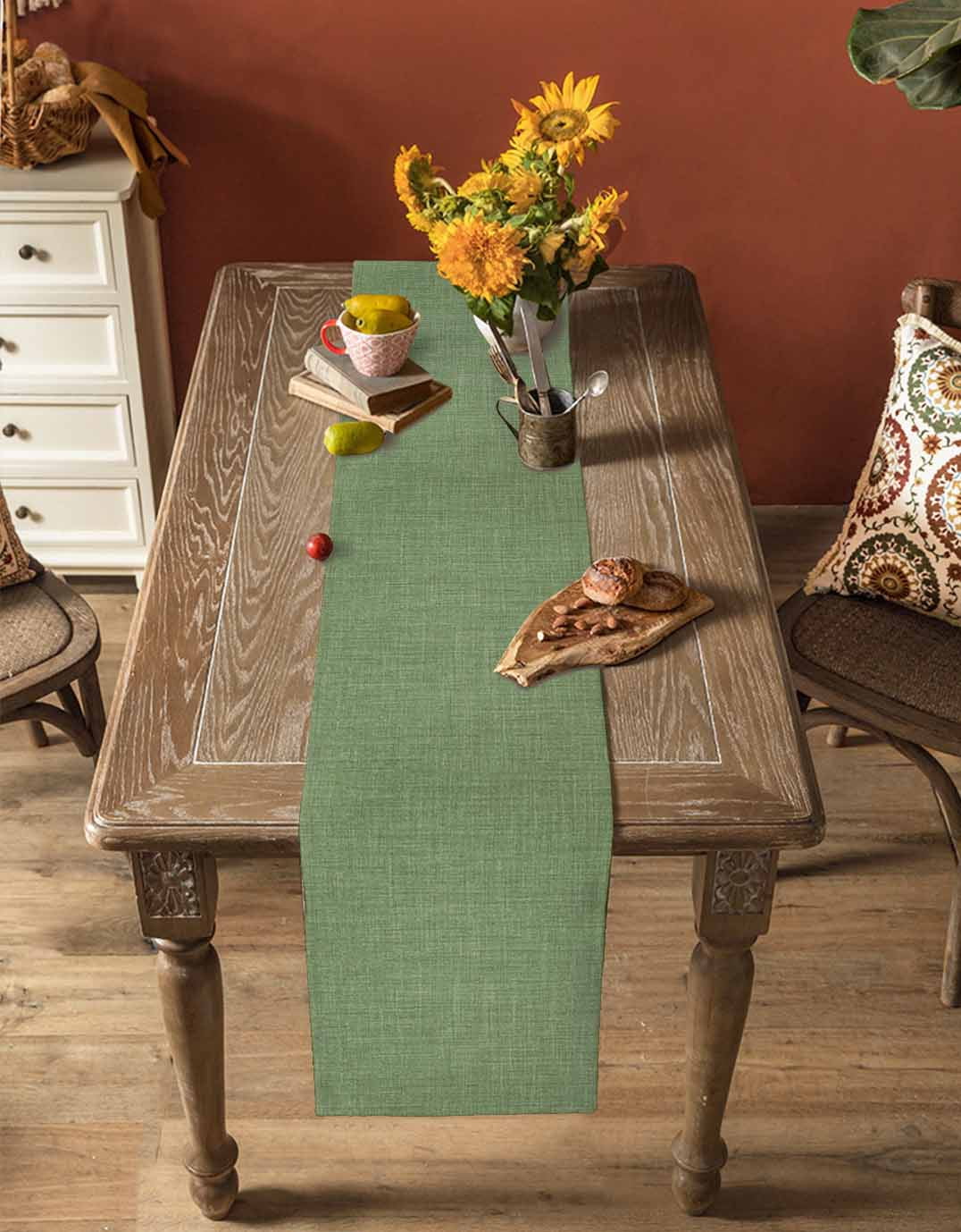 Table Runners 90 Inches Long Dress Scarves, Vintage Forest Green Farmhouse Coffee/Dining/Kitchen Table Runner for Living Room, Farmhouse Retro Solid Color Linen Texture 13x90 Inch