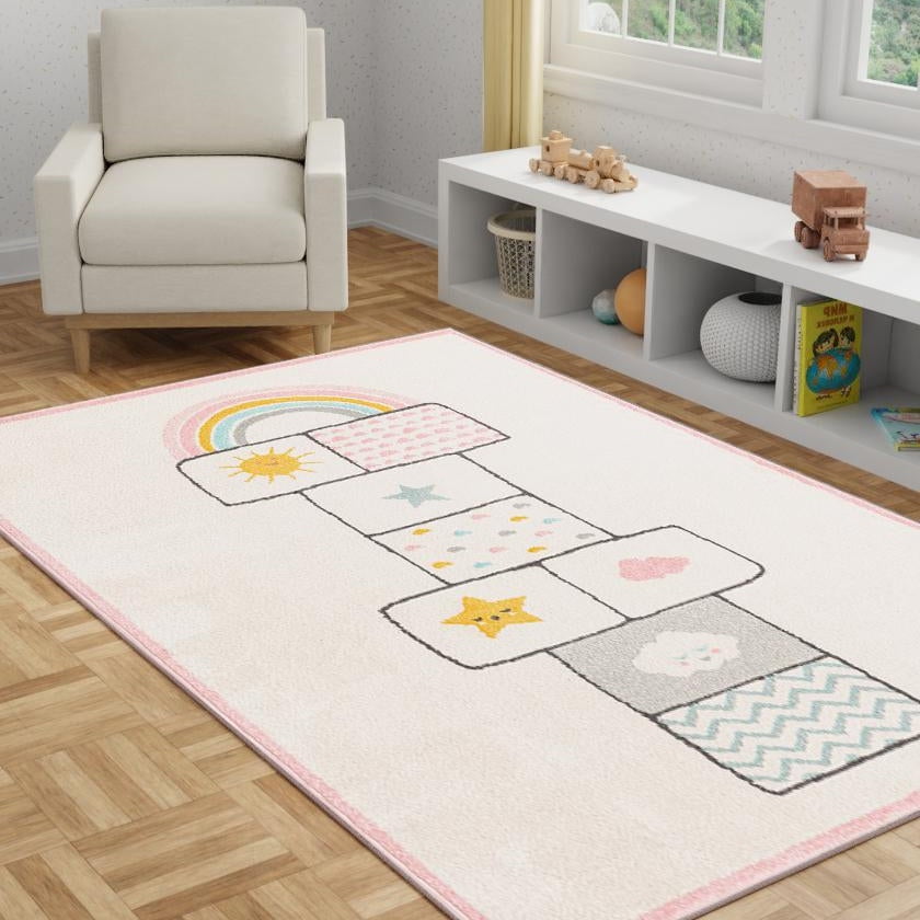 Unique Loom Hopscotch Whimsy Kids Rug Ivory/Light Blue 2' 2" x 2' 11" Rectangle Stars Kids