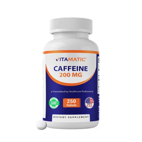 Vitamatic Caffeine Pills 200mg per Serving, 250 Vegetarian Tablets - Nootropic Supplement for Focused Energy