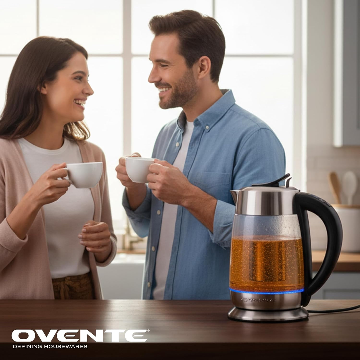 OVENTE Electric Glass Kettle Hot Water Boiler 1.8 Liter BPA Free 1500W, Set Temperature Control, Auto Shut Off, Portable Tea Kettle & Instant Water Heater + Stainless Steel Infuser - KG6610S