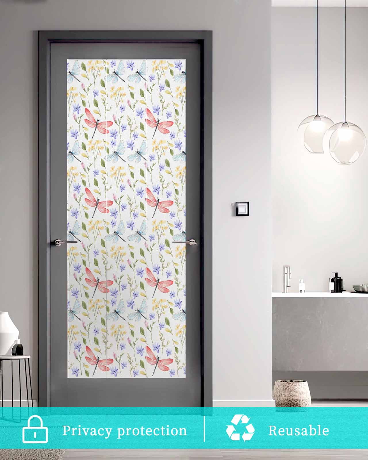 Window Privacy Film Botanical Flowers Stained Glass Window Film Decorative Sun Block Window Cover Spring Pink Dragonfly Pastoral Window Clings Static Adhesive Sticker for Bathroom 19.6"x39.3"