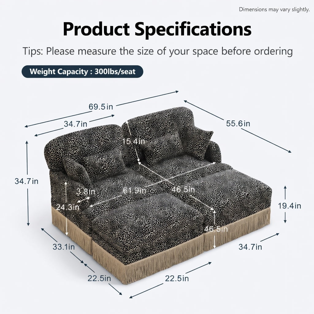 Hommoo Leopard Print Chenille Loveseat Sofa with Movable Ottomans, 2-Seat Modern Modular Couch, Tassel Trim & Ergonomic Deep Seat Design, Living Room Sofa, khaki