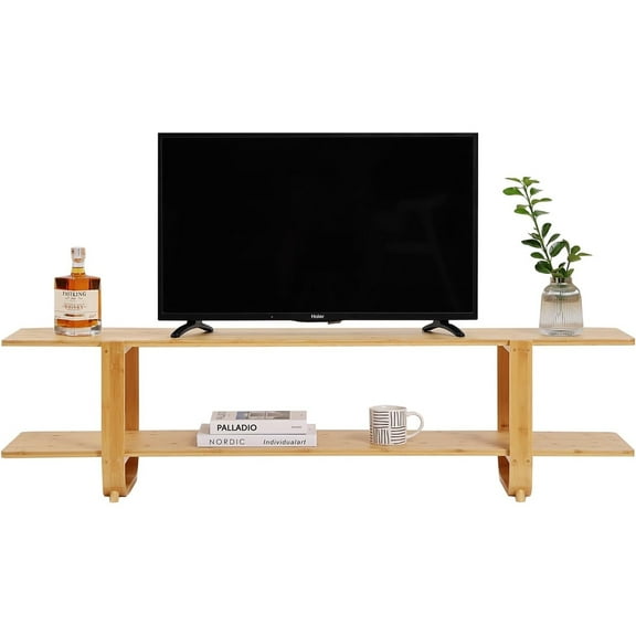 Bamboo TV Stand for 55 Inch TV, Entertainment Center with 2 Open Shelf, Mid Century Modern Media Console for Living Room, Bedroom, Wood