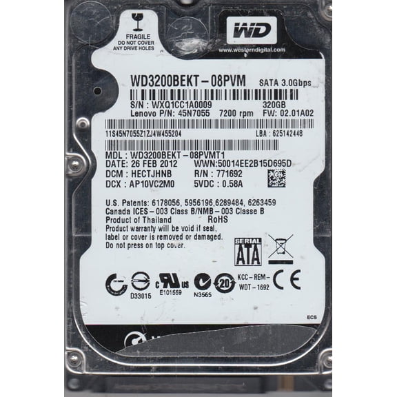 WD3200BEKT-08PVMT1, DCM HECTJHNB, Western Digital 320GB SATA 2.5 Hard Drive