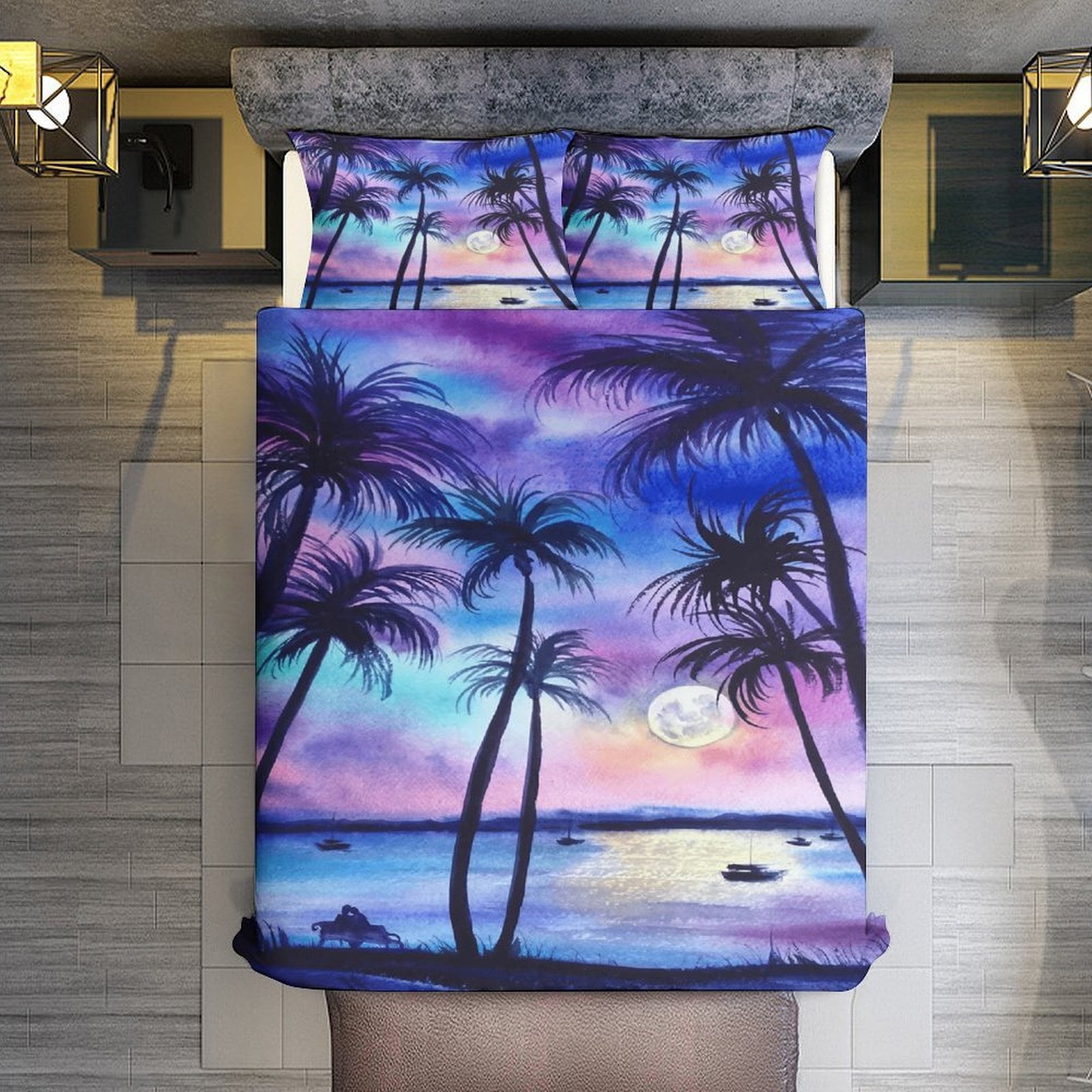 Hawaiian Style Sunset Tropical Beach Palm Tree 3D Set Duvet Cover Quilt Cover Theme for Full Size