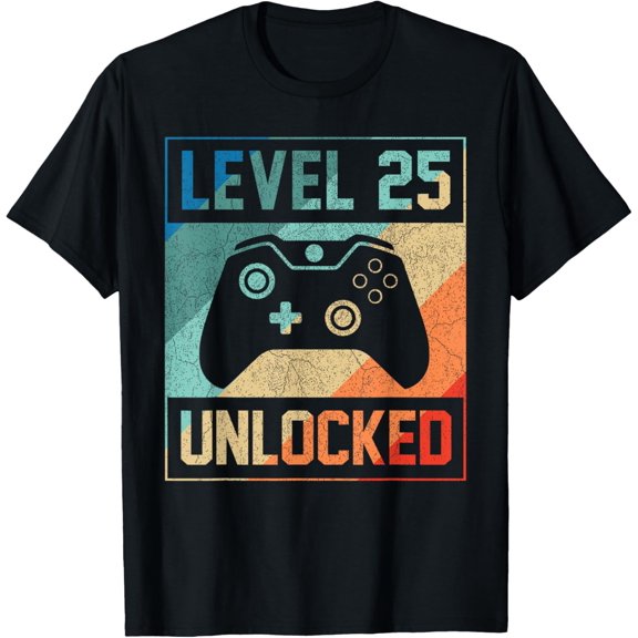 Level 25 Unlocked Video Gamer 25th Birthday Gifts T-ShirtMen and women, Black T-shirt, size: Extra large S-4XL