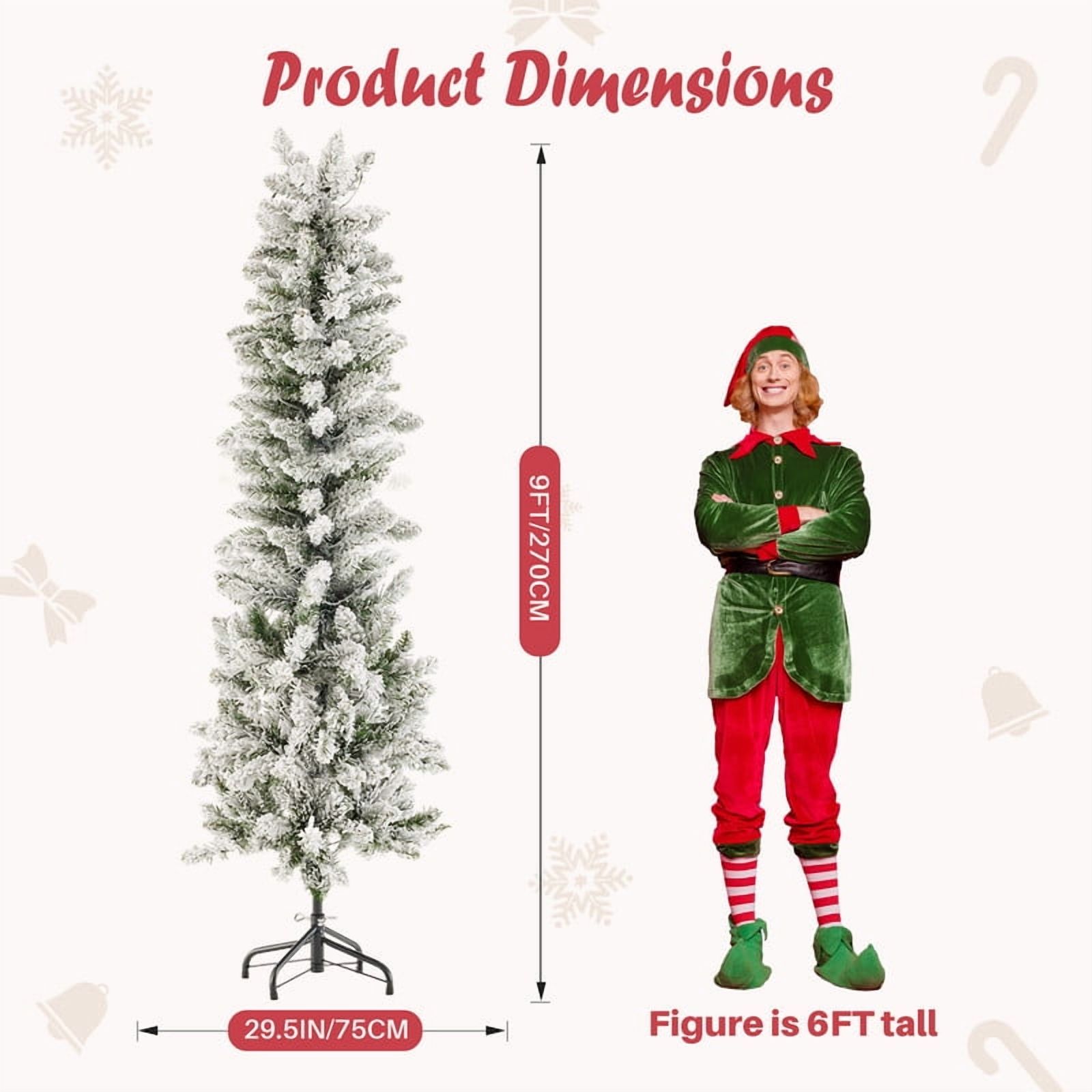 Gianna 9ft Snow Flocked Pencil Christmas Tree, Prelighted Artificial Slim Christmas Trees with 500 Incandescent Lights, 1100 Branch Tips & Foldable Base for Home, Office, Party Decoration