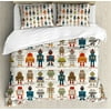 Kids Queen Size Duvet Cover Set, Various Different Super Robot Figures Set in Cartoon Style Fantasy Futuristic Machine, Decorative 3 Piece Bedding Set with 2 Pillow Shams, Multicolor, by Ambesonne