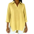 thumbnail image 2 of Women's Plus Size 3/4 Sleeve V-Neck Top, Elegant Lapel Casual Blouse with Side Slit, Loose Fit Tunic for Office Work, Everyday Wear and Casual Outfits Yellow M, 2 of 4