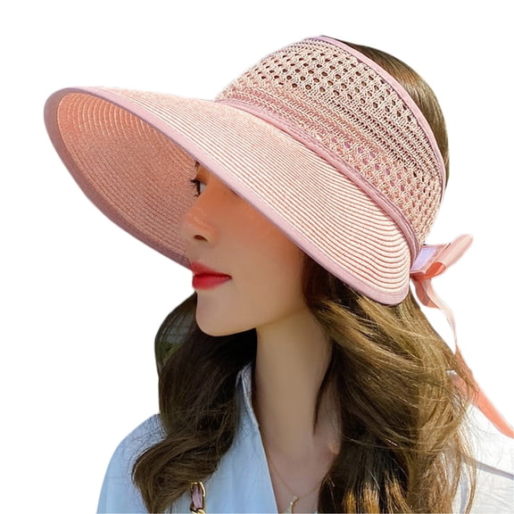 URTERYSER 1 Piece Foldable New Bucket Women's for Sun Hat Lace Bowknot Flowers Ribbon Flat Top Soft Straw Hat Beach Pink