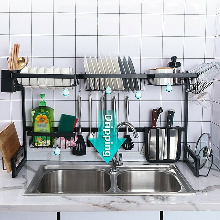 Over-The-Sink Dish Drying Rack 2-Tier with Adjustable Length Design  (31.4-41.3in),Multifunctional Dish Rack for Over-Sink Use, Stainless Steel Dish  Rack, Space-Saving Sink Dish Drying Rack 