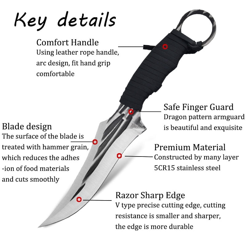 2-Piece Fixed Blade Hunting Knives, Full Tang Wrapped Handle Ring Tactical Knife Set with Sheath