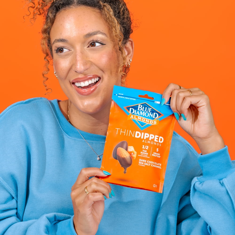 (4 pack) Blue Diamond Almonds, Dark Chocolate Sea Salt Caramel Thin Dipped Covered Natural Almonds for Guilt-Free Snacking, Half The Calories Great for Lunch, Adults and Kids, 4oz Resealable Bag