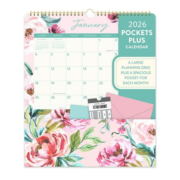 Orange Circle Studio Corporation, Bella Flora Plus Pocket 2026 Wall Calendar, 11.7'' X 13.7'', 12-Month Calendar with Stapled Binding