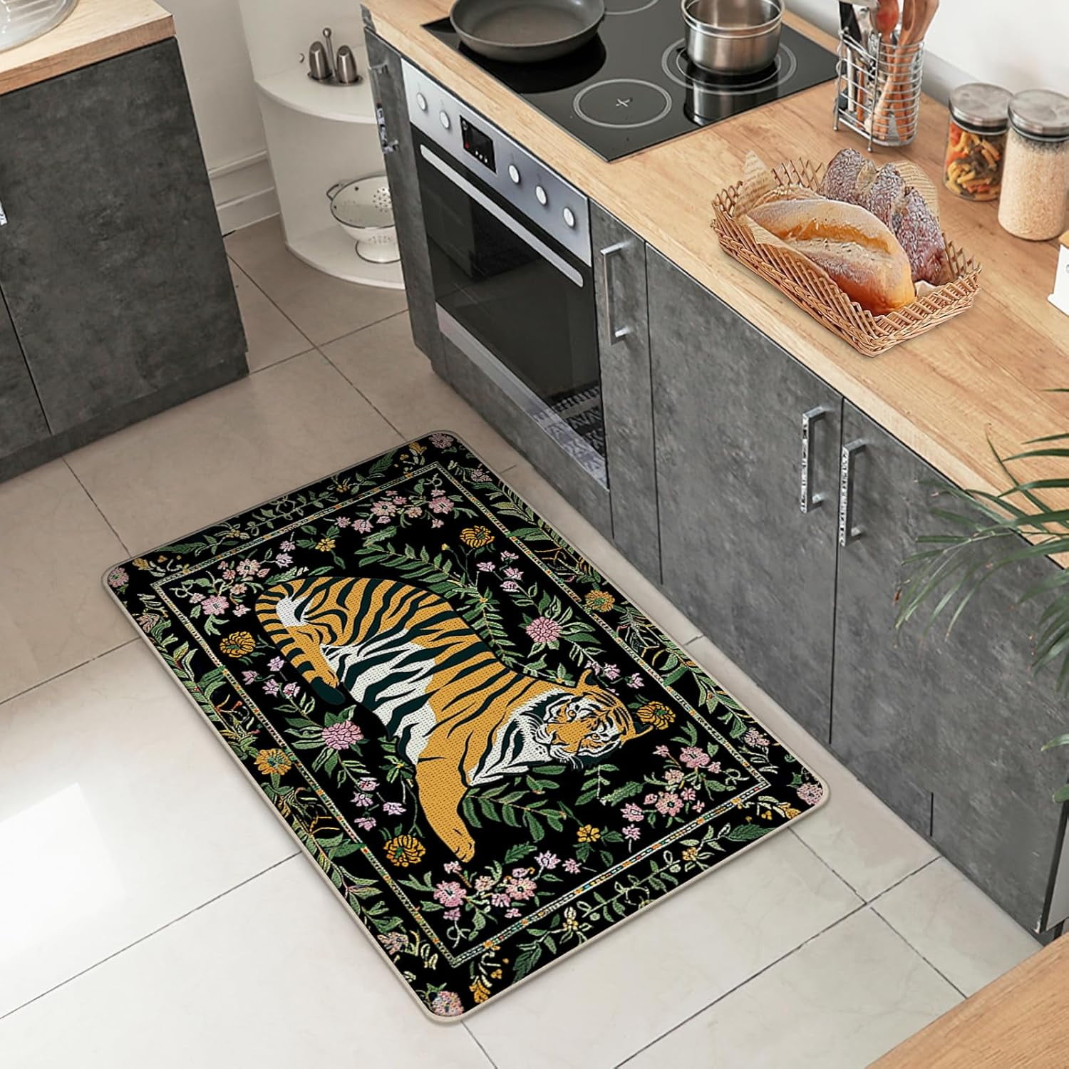 Jungle Tiger Black Welcome Front Door Mat, Tropical Plant Floral Decorative Doormat Non-Slip Floor Entryway Rug, Botanical Low Profile Indoor Outdoor Home Kitchen Decoration 17x29 Inches