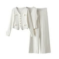 thumbnail image 2 of YHAJDS Women Casual Outfit Set,Womens Sets Knit Suit Women 2 Piece Outfits Solid Color Knit and Tweed Style Cardigan with Wide Leg Pants 3 Piece Set, 2 of 5