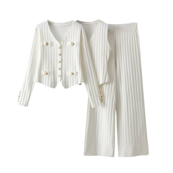 ShomPort Womens 2 Pieces Outfits Long Sleeve Button Up Cardigans Wide Leg Pants Elegant Ribbed Cotton Business Set
