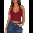 thumbnail image 3 of Top Corto Sin Mangas con Cuello Halter y Escote en V Profundo para Mujer, Ajustado, Sin Espalda y para Salir de Verano. Rojo M, 3 of 10